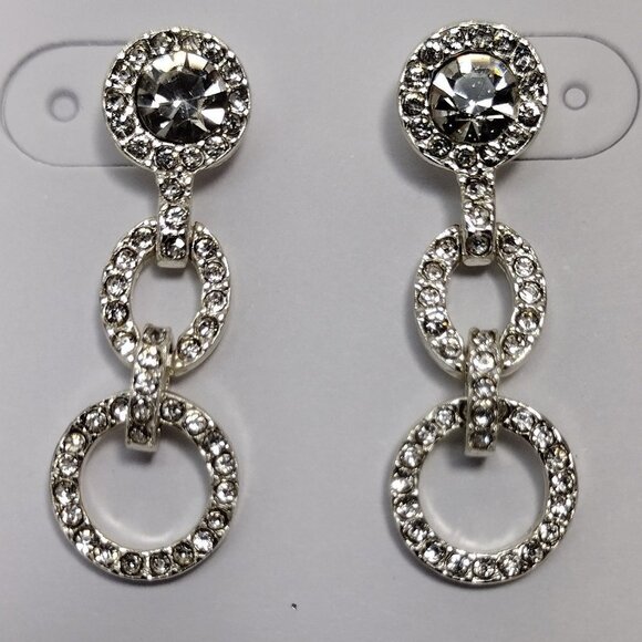 Women's Textured Silver-tone Sparkling Crystal Double Hoops Drop Dangle Earrings - Picture 1 of 6